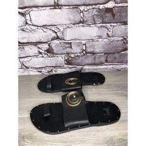 Beek Black Leather Handmade Gold Toe Ring Flats Sandals Women Sz 7M US/38EU